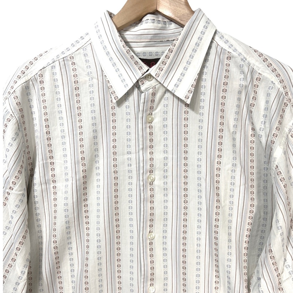 Eddie Rodriguez VTG Rockabilly Mens XL Button Down Shirt Cotton Oat Blue Stripe